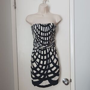 Theory Women's 100% Silk Strapless Abstract Dress Size 2 Black Blue White Mini